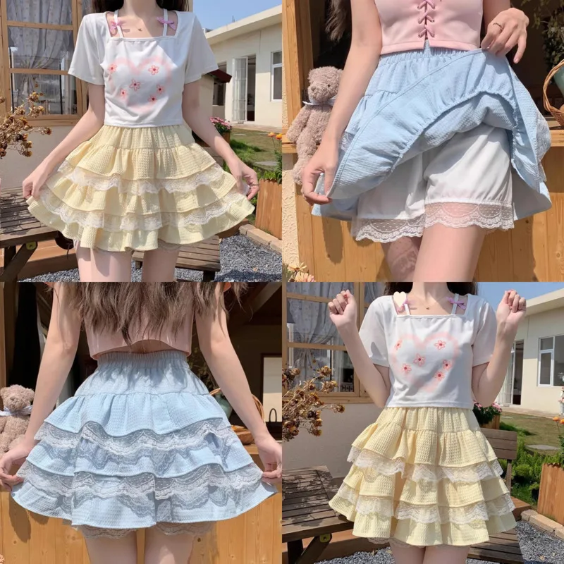 

Cake Dresses Girl Summer Lace Y2K Patchwork Ruffle Edge Cotton Linen Half Skirt High Waist Pleated Skirt A-line Fluffy Dress New