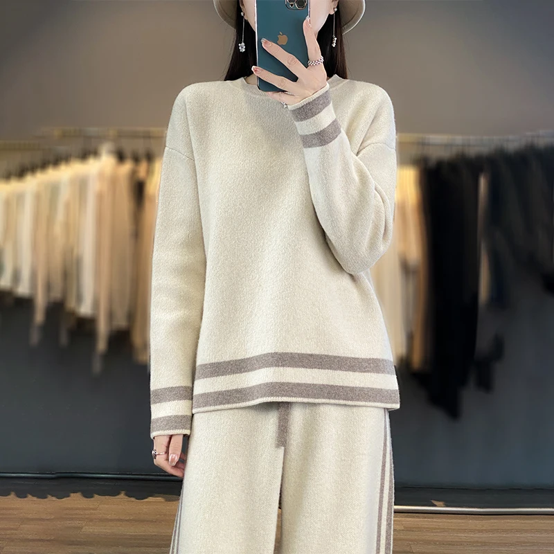 New autumn and winter 100% pure wool knitting suit female O-neck pullover loose casual sweater wide-leg pants two-piece suit