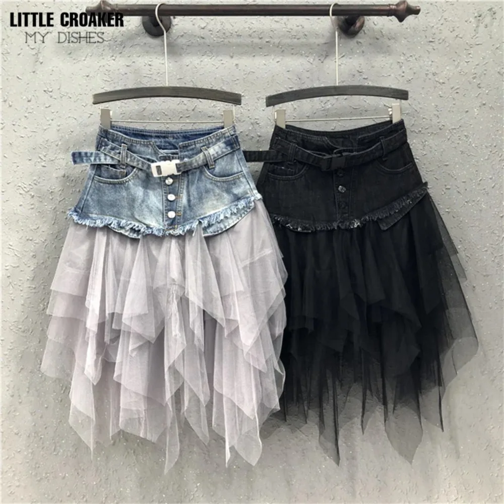 Asymmetrische Denim Jeans Tule Rokken Vrouwen Hoge Taille Lange Mesh Tutu Kwastje Geplooide Midi Gothic Rok Met Zakken Riem Zwart