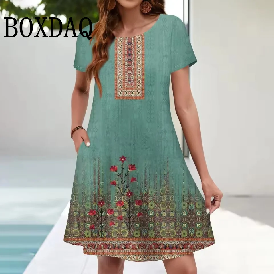 Women's Dresses Summer Fashion Round Neck Loose Bohemian Vacation Dresses Vintage Casual Short Sleeve Woman Clothes 9XL Vestidos