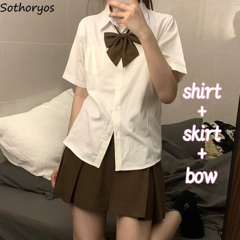 

S-4XL Preppy Style Sets Women Sweet Summer Bow Short-sleeve Casual Aesthetic Shirts Ulzzang Mini Pleated Skirts OOTD Gentle Chic