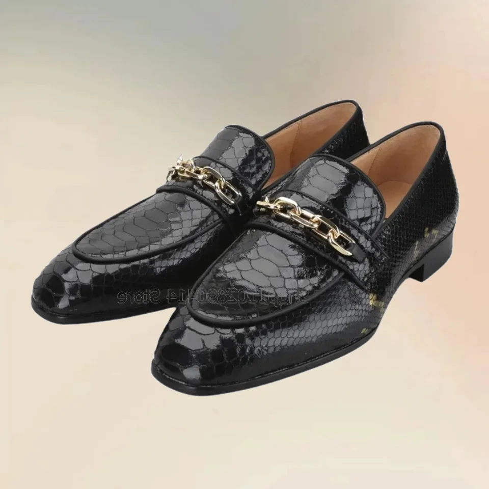 

Gold Chain Decor Black Crocodile Print Loafers Fashion Slip On Men Shoes Luxury Handcraft Party Banquet Office Men Dress Shoes
