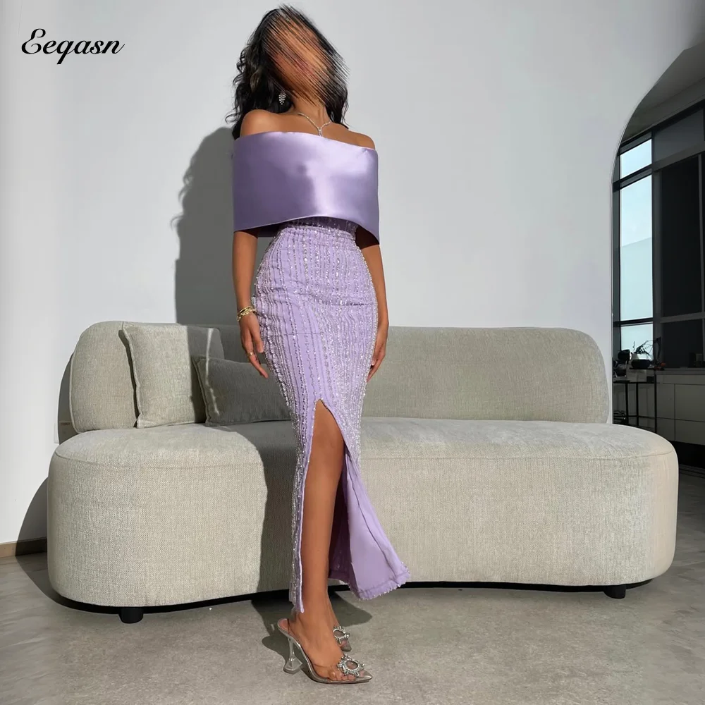 

Lilac Formal Evening Dresses Dubai Arabic Wedding Party Off Shoulder Beaded Strapless Leg Split Formal Prom Gowns Customized