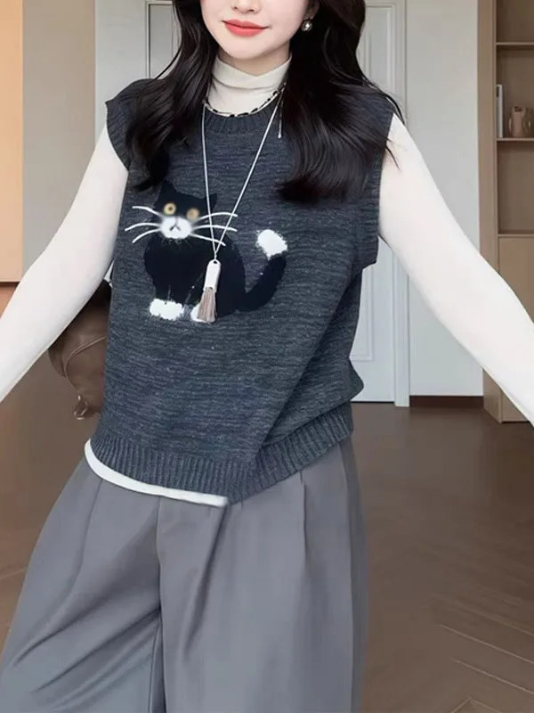 

Original Versatile Retro Sweet Cartoon Knitted Sweater Vest Warm Cozy Commute Sle for Girls Matching round Ne Design