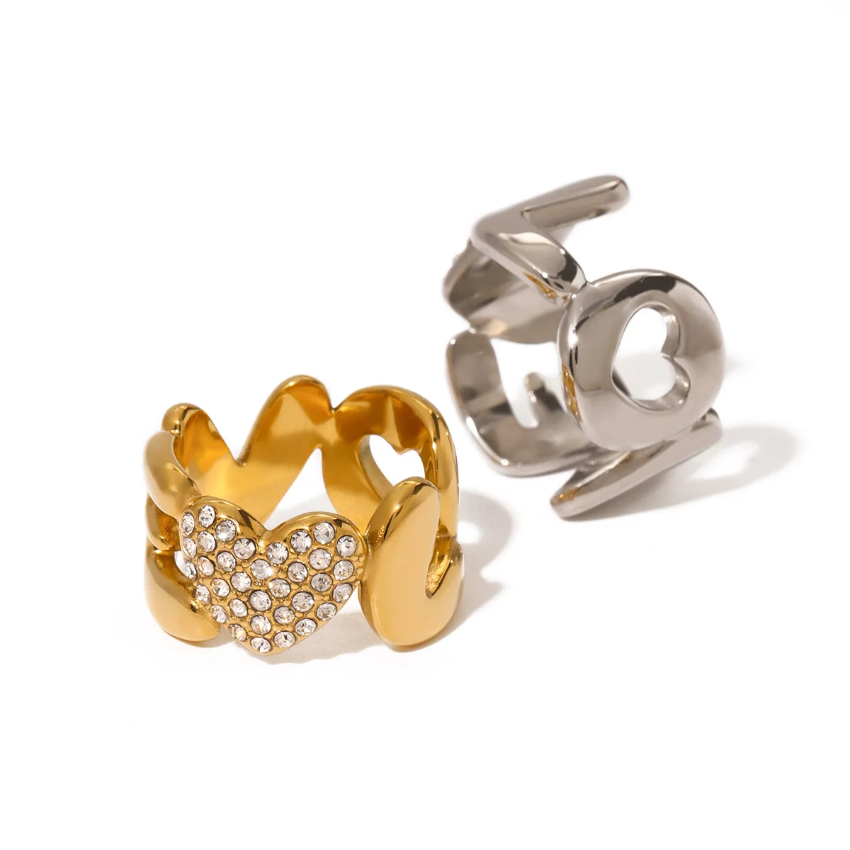 

Stainless Steel PVD 18K Gold Plated Tarnish Waterproof Rhinestoned Heart Rings For Woman Jewelry Wholesale INS