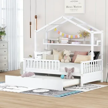 Letto per casa con rotelle e ripiani portaoggetti Letto per bambini doppia Montessori con binari per recinzione Telaio per tende da gioco in legno