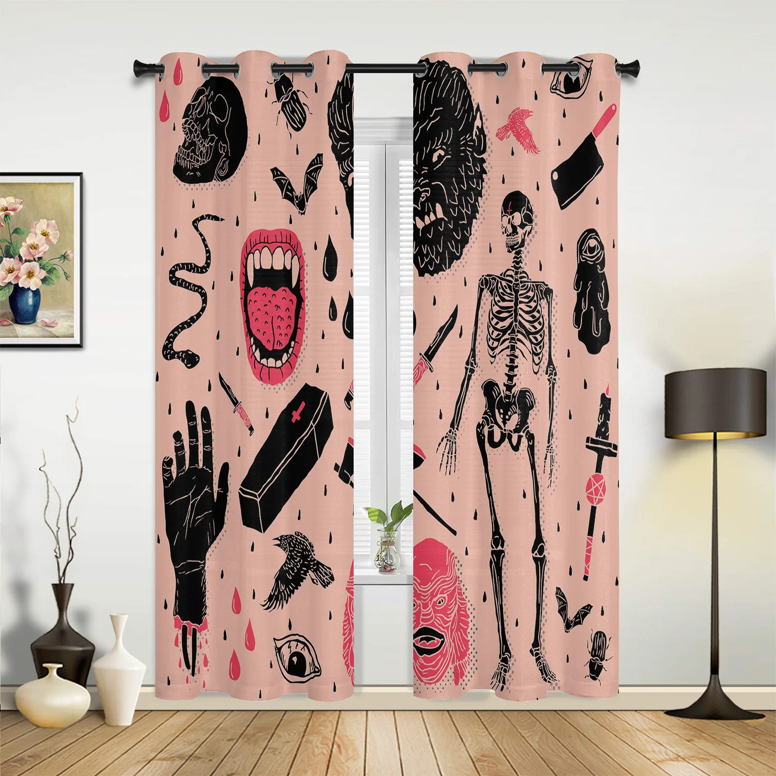 Mouth Teeth Tongue Skull Bones  Curtains in Kitchen Living Room Modern Design Home Decoration Printed Drapes for Balcony