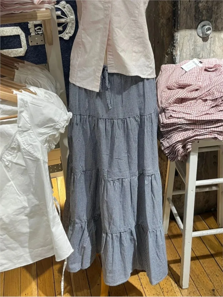 Plaid Ruffles Loose Maxi Skirts Women New Casual Elastic High Waist A-line Falda Fairycore Preppy Style Vintage Long Skirt Y2K