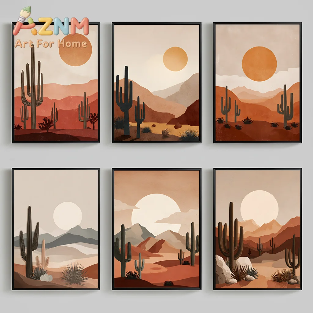 Boho Landscape Wall Art, Desert Plant Sunset Canvas Painting, Cactus Botanical Poster Print for Bedroom Living Room Decor