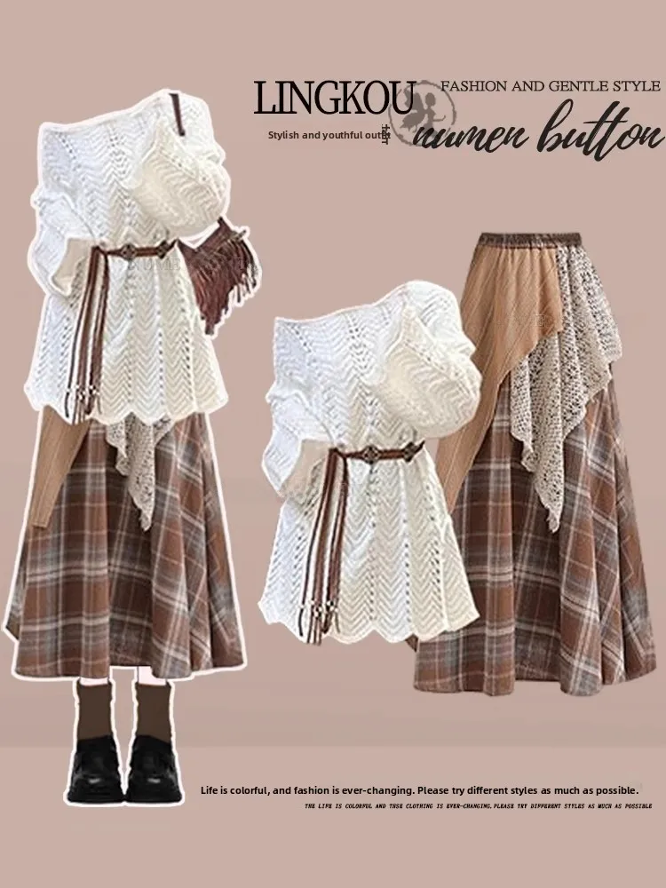 

Large Size Spring Autumn Knitted Dress Set Women's Design Sense Hollow out Patchwork Plaid Dress Two Piece Set Fashionable En...