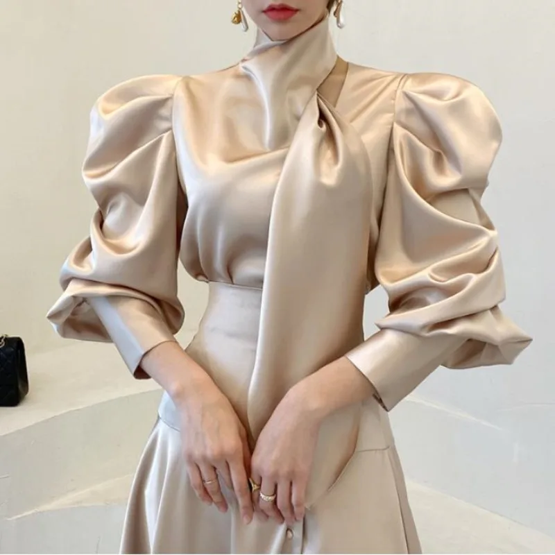 

Korean Fashion Simple Black Satin Shirt for Women 2025 Spring Autumn New Blouses Sweet Vintage Puff Sleeve Blusas Mujer