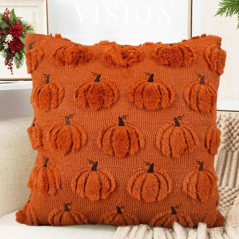 Halloween Short Plush Throw Pillow Cover Cute Pumpkin Ghost Bat Pattern Square Cushion Case Fun Holiday Decor Pillowcase