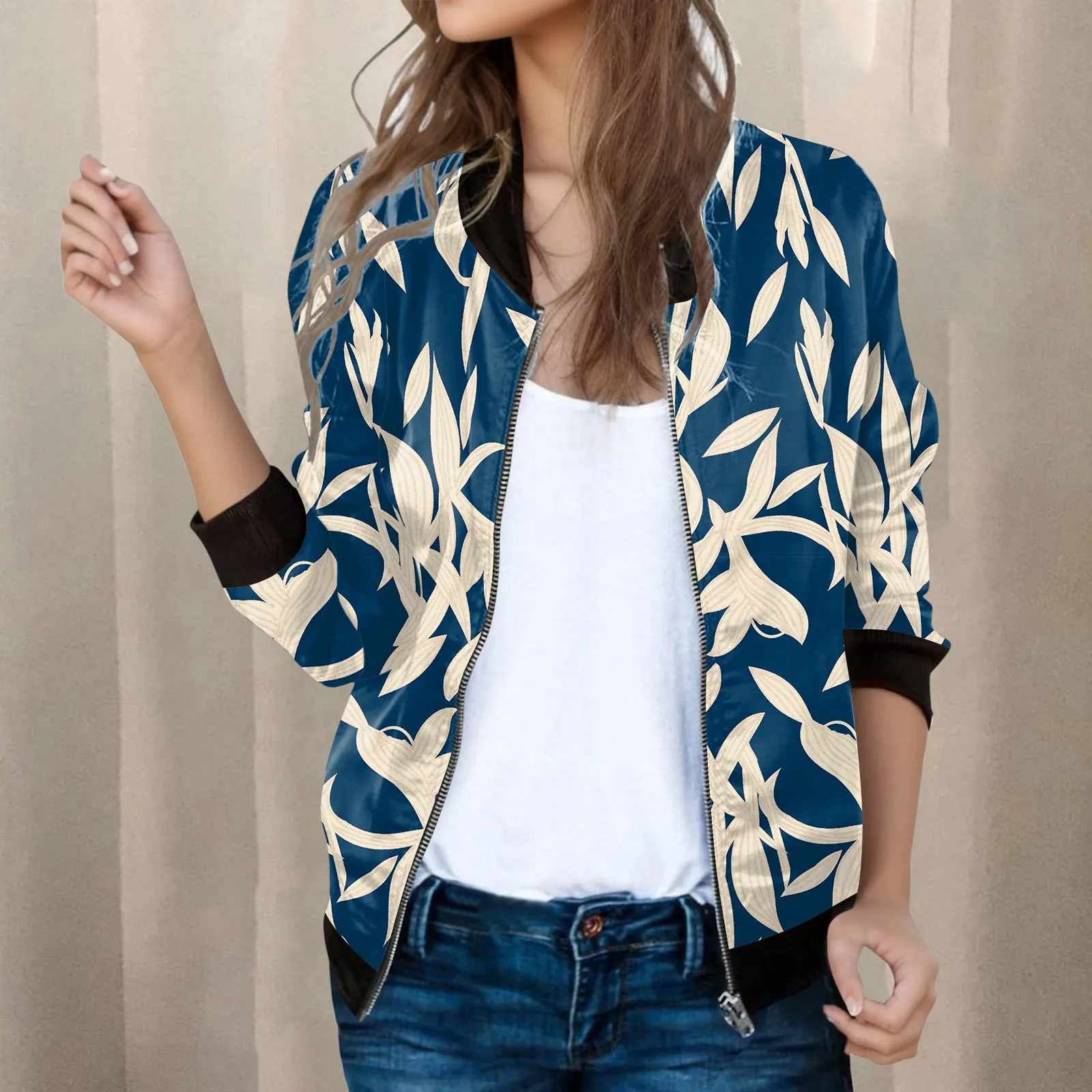 Womens Casual Daily Jackets Lightweight Zip Up Casual Jacket Floral Print Coat Stand Short Sports Outwear Zipper Trendy Tops