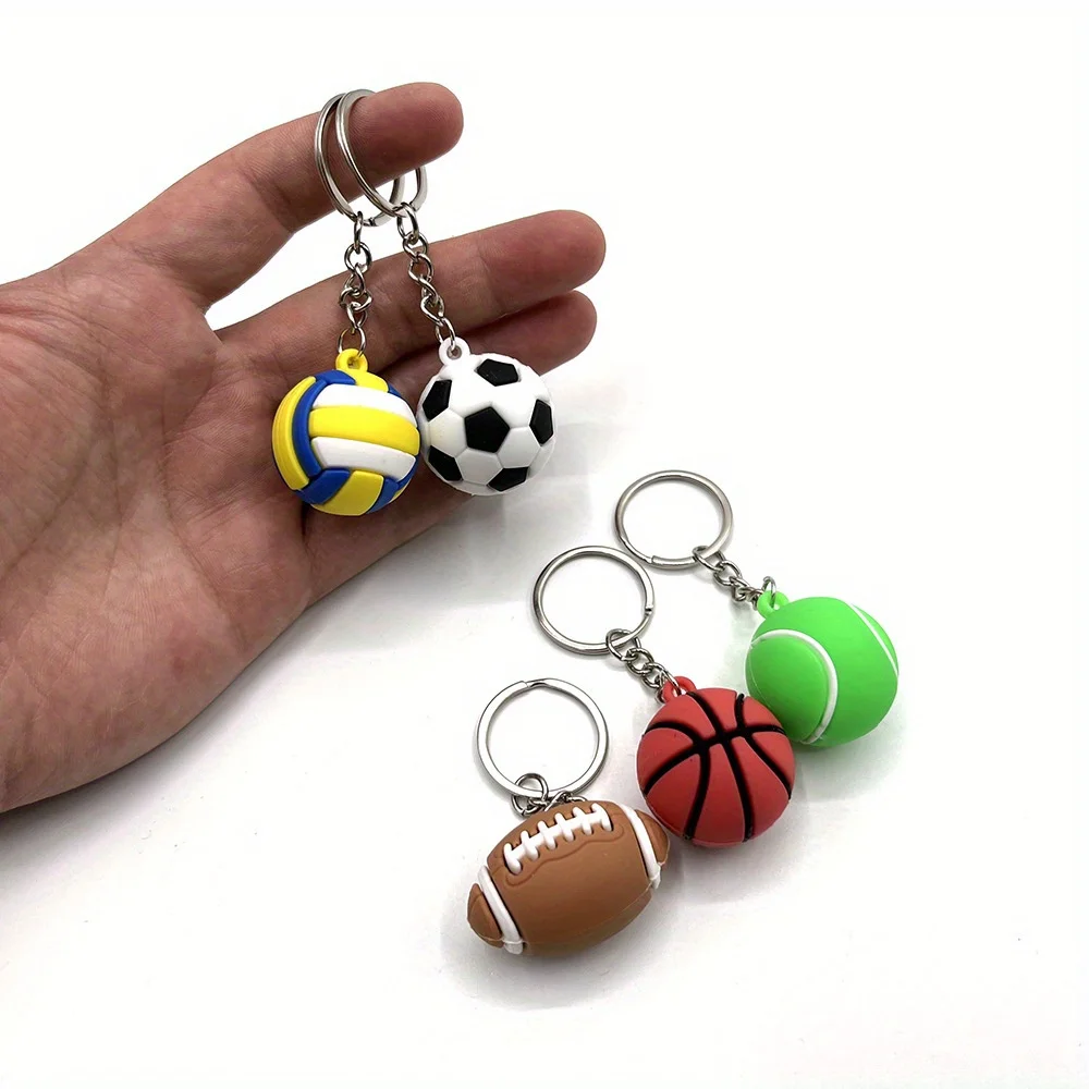 Sports-Themed Keychain Set - Basketball, Football, Volleyball, Tennis, Rugby - Soft PVC Rubber Ball Charms for Bags & Car Keys