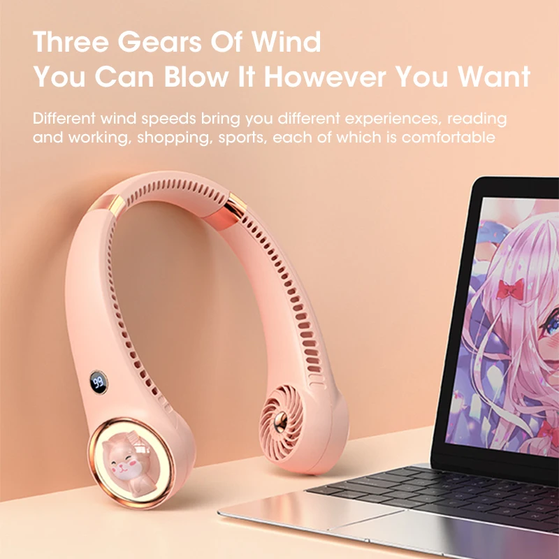 Wentylator na szyję z uroczym cyfrowym wyświetlaczem wiatraczek bez ramiączek z pałąkiem na szyję, przenośne Mini chłodnica powietrzna wentylatory elektryczne z akumulatorem USB