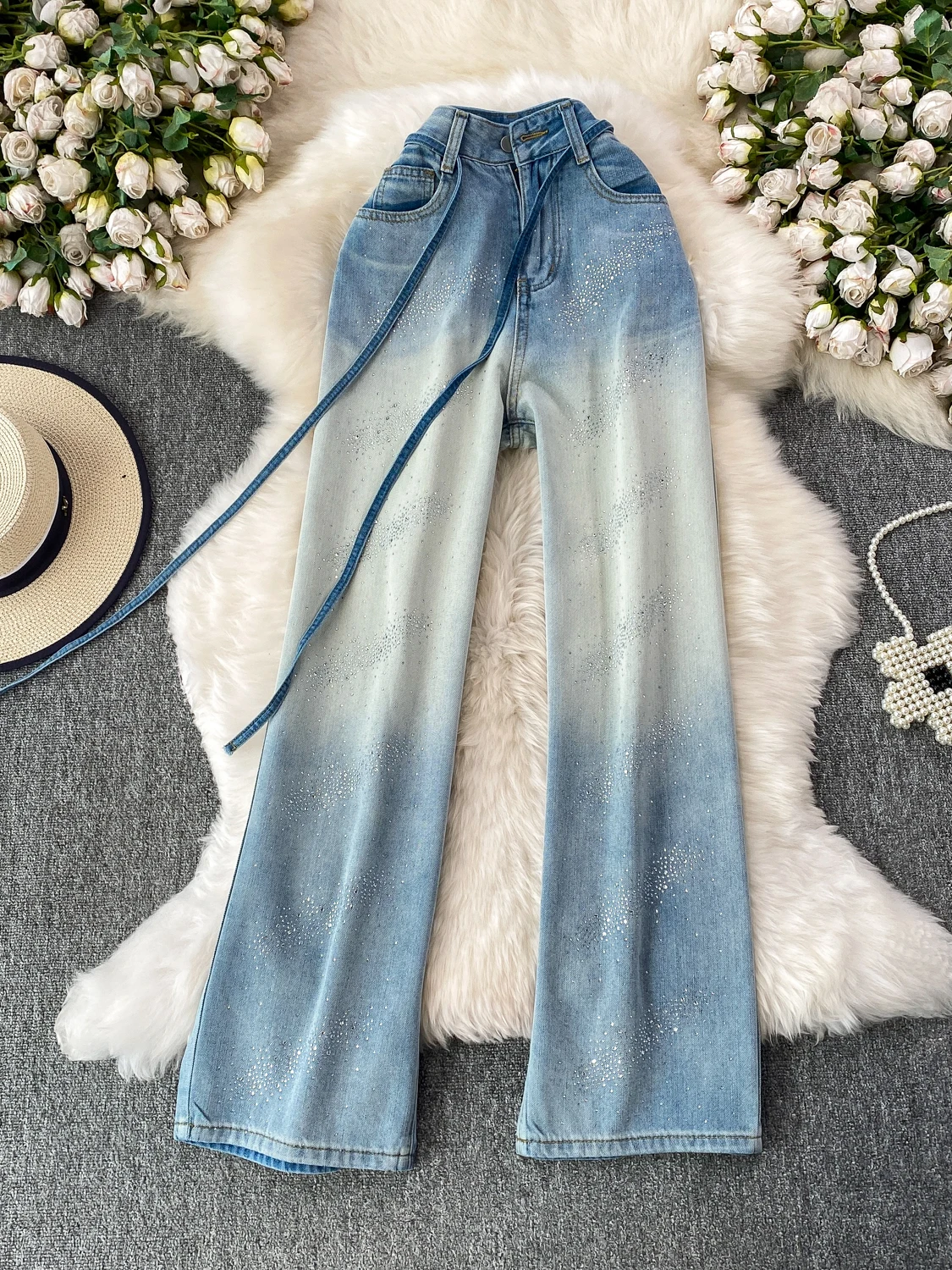 

Retro Starry Sequin Women's Jeans Summer Belt High Waist Slimming Hip Covering Wide Leg Straight Cut Diamond Studded Denim