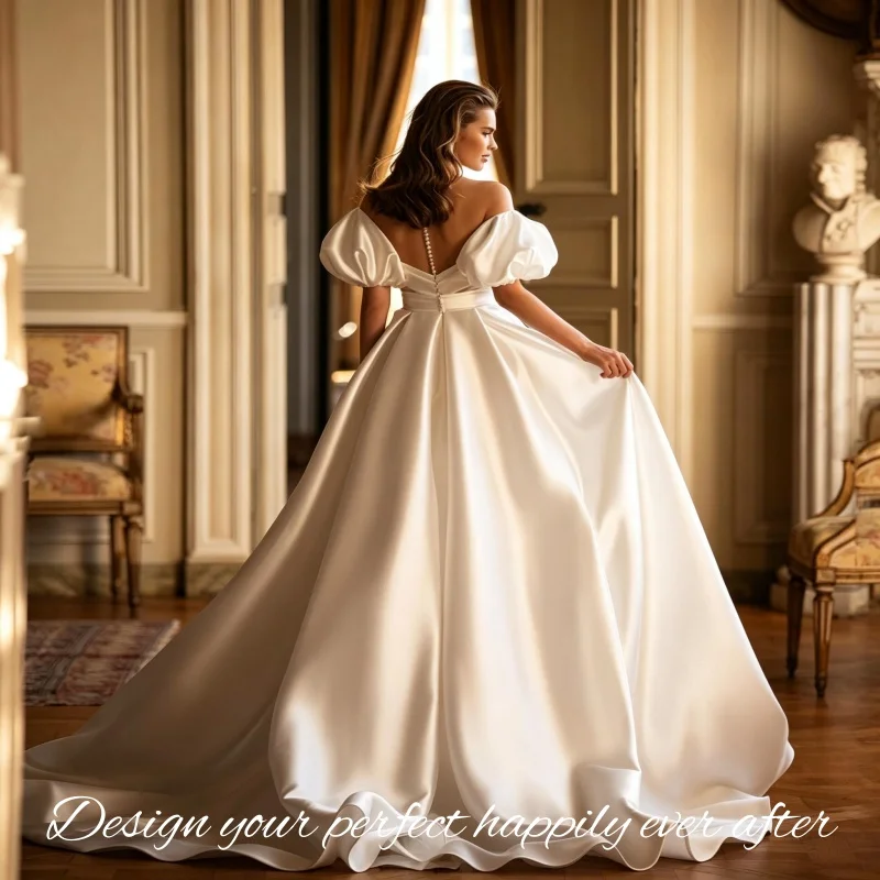 Natural Waist Satin Wedding Dress Off‑Shoulder Puff Sleeve Chapel Train Button Back Vestidos De Novia Customized