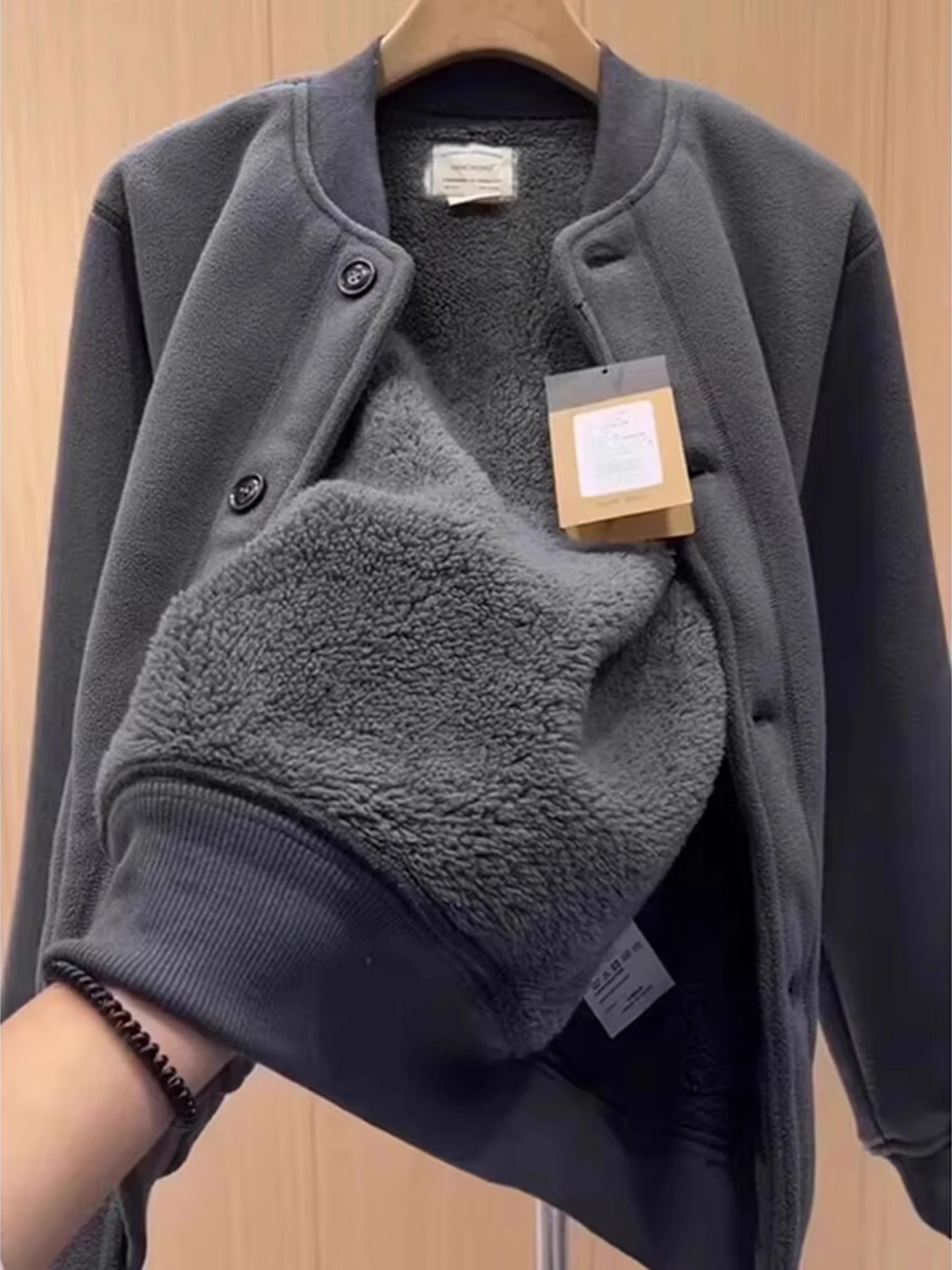 

Thiened Fce Jaet Men's Baseball Collar Coat Warmth Youth Faion Stand Fit Long Sve Outerwear for Autumn Winter