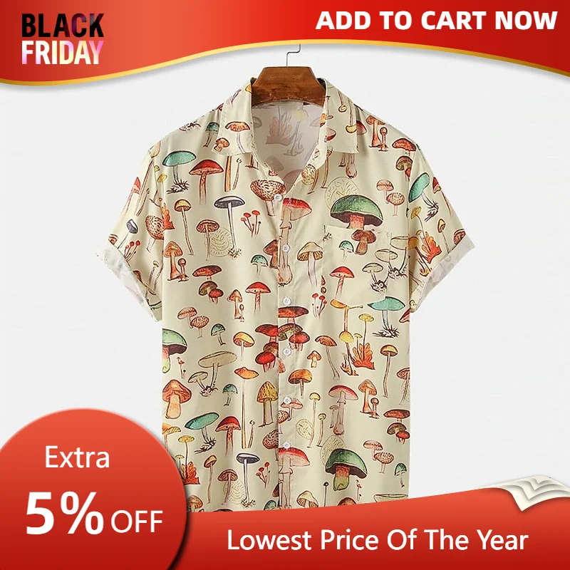 Summer Hawaiian Shirt Graphic Print Mushroom Cuff Short Sleeve Button-Down Shirt Tropical Fashion Comfortable Hawaiian Design