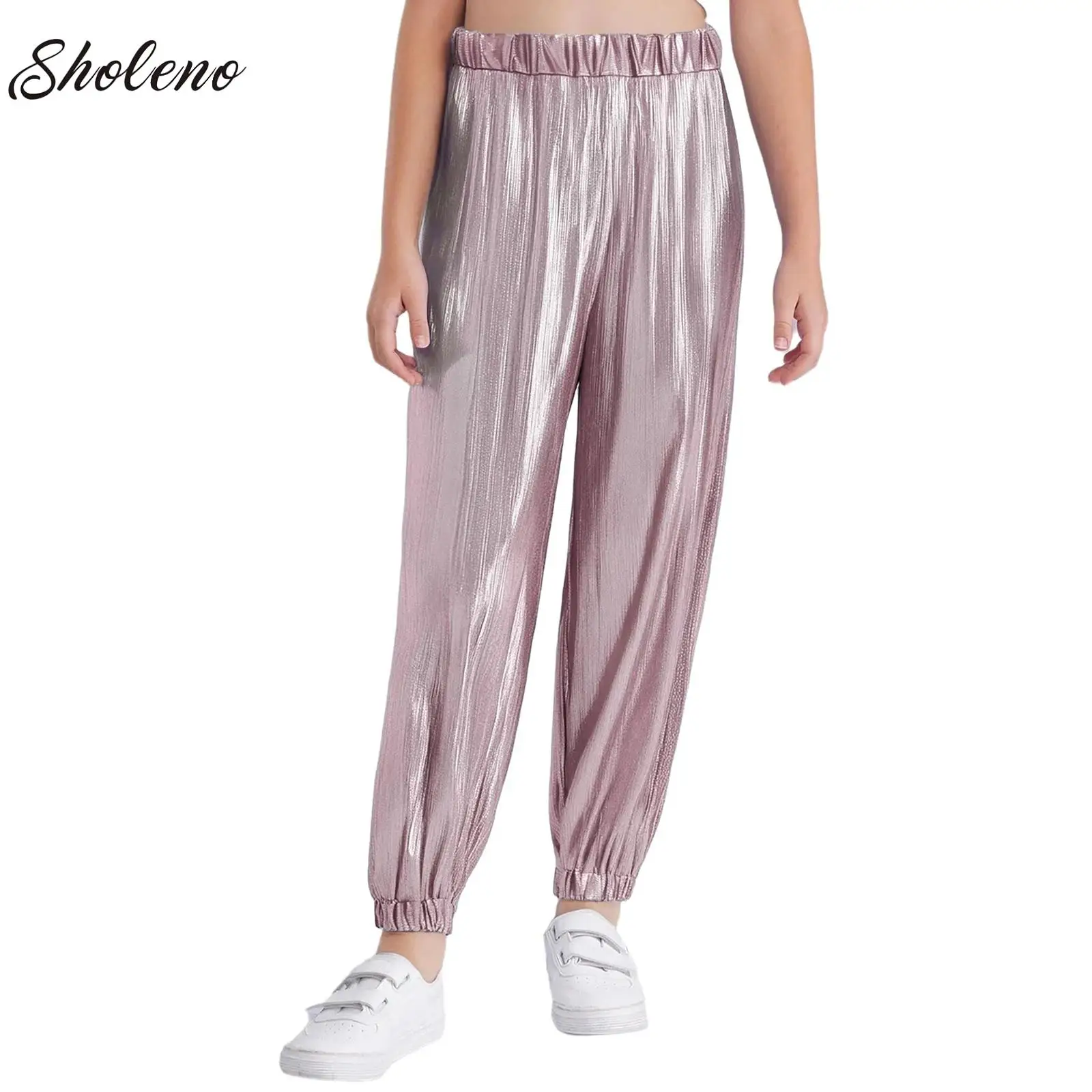 

Hip-Hop Pants Kids Girls Metallic Shiny Ribbed Pants Elastic Waistband Fashion Children Trousers Teens Street Jazz Dance Costume