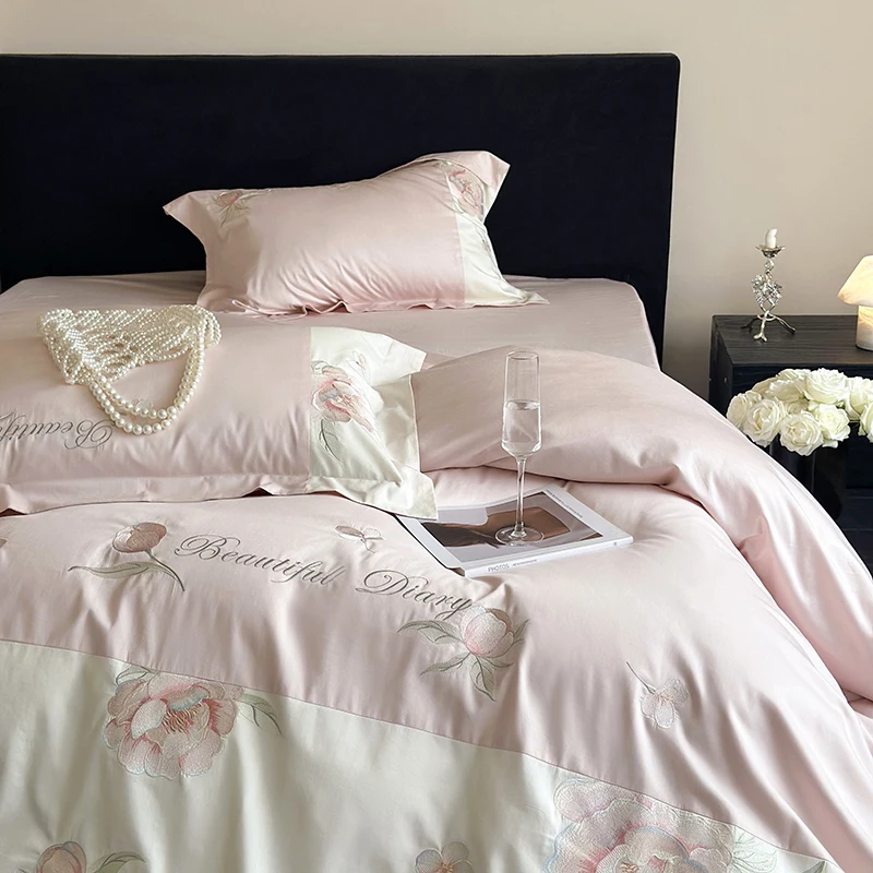 Flower Embroidery Bedding Sets, Home Textile, Pink Egyptian Cotton Duvet Cover, Bed Sheet, Pillowcases, Queen King Size, Luxury