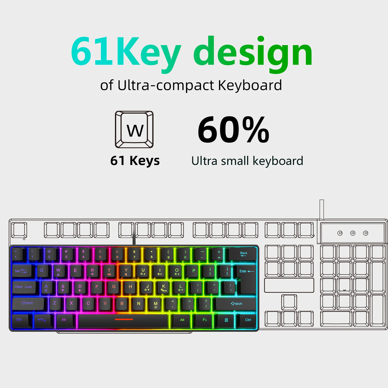 Multiple Color 61 Keys USB Wired RGB 60% Computer Gaming Small 60 Percent Keyboards