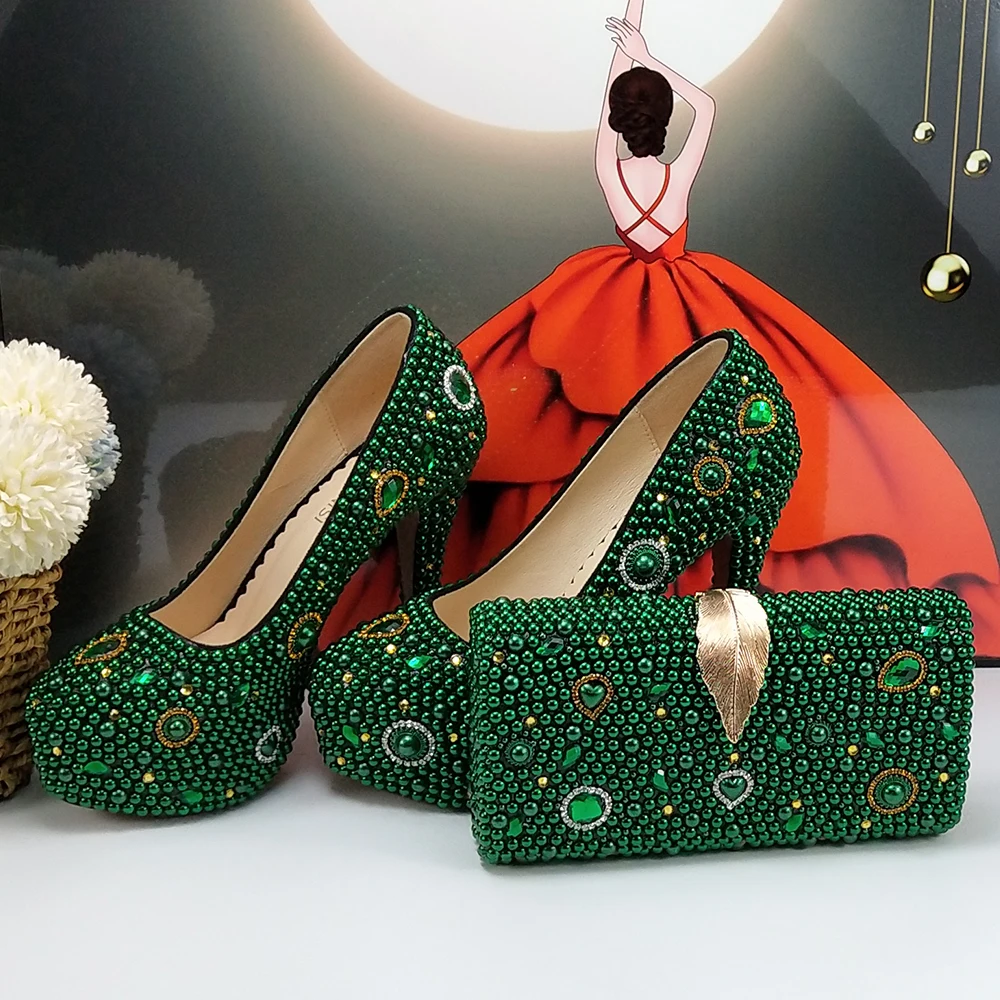 Green Pearl crystal Bridals Wedding shoes with matching bags Rhinestone Round Toe high heels party dress shoes Woman High Pumps