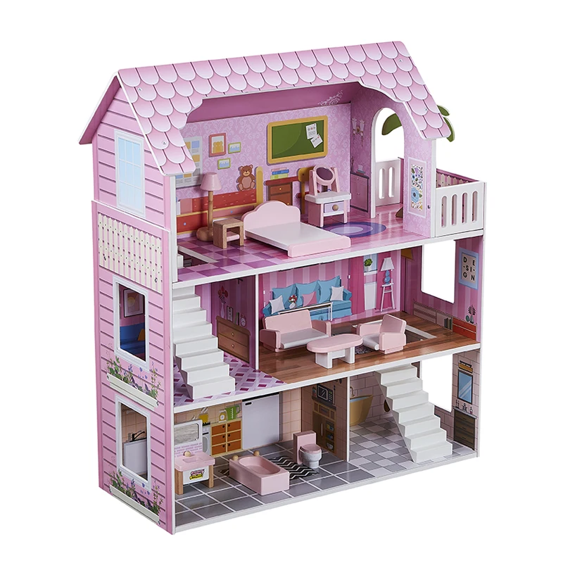 Maison de poupées en bois avec 11 meubles et accessoires d'escalier, grand ensemble de jeu de maison de poupée à 3 étages pour filles, jouet de jeu de rôle pour enfants