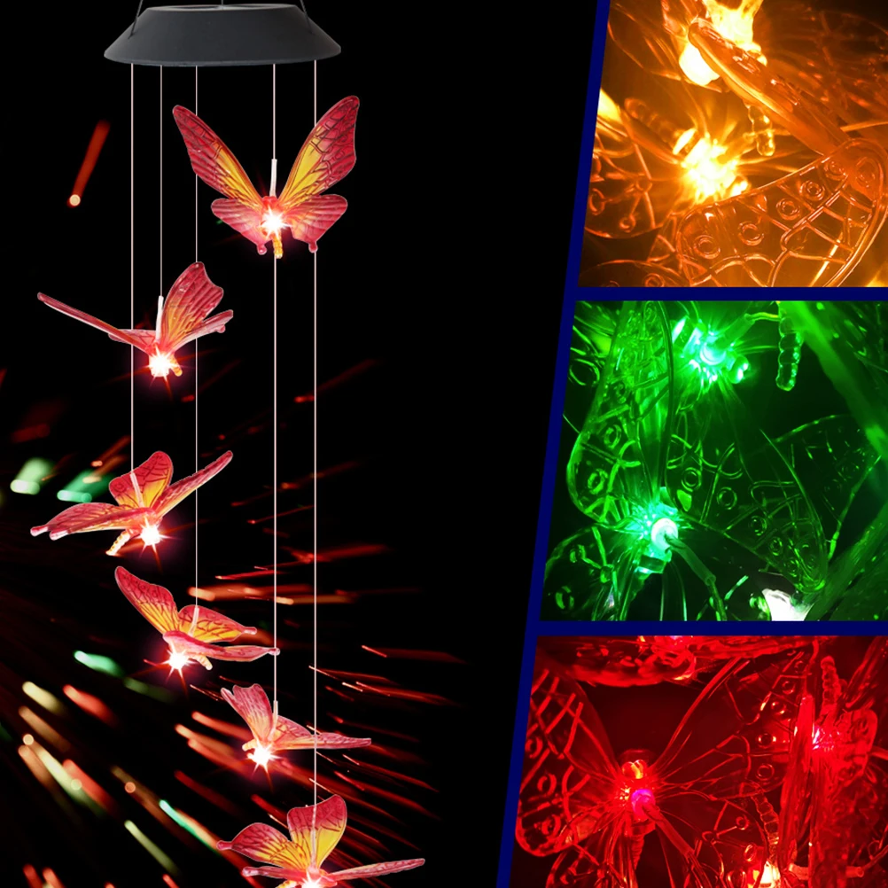

2PCS Butterfly Solar Wind Chime Color Changing LED Lights Hanging Lamp for Yard Porch Patio Roof Decor Wedding Gift