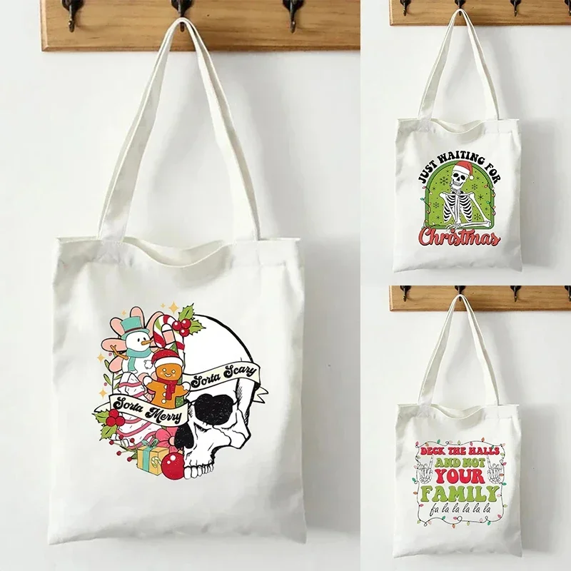 BUT JOLLY AF Skull Canvas Tote Bag Organizer Large Capacity Handbag Travel Storage Shoulder Bags Reusable Shopping Bag Fun Gift