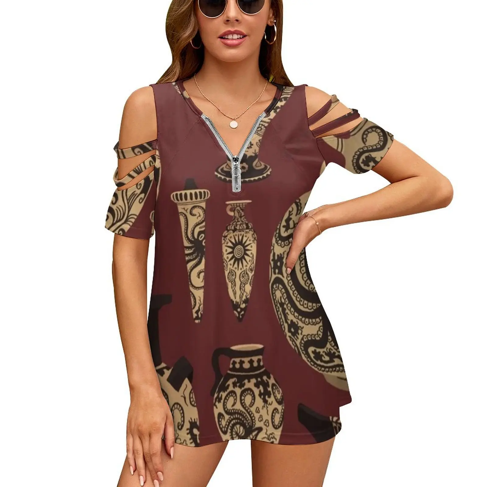 Late Minoan Ceramics Women's T-Shirt Summer Fashion Print Floral V-Neck Zipper Tshirt Hollow Pullover Ladies Top Minoan