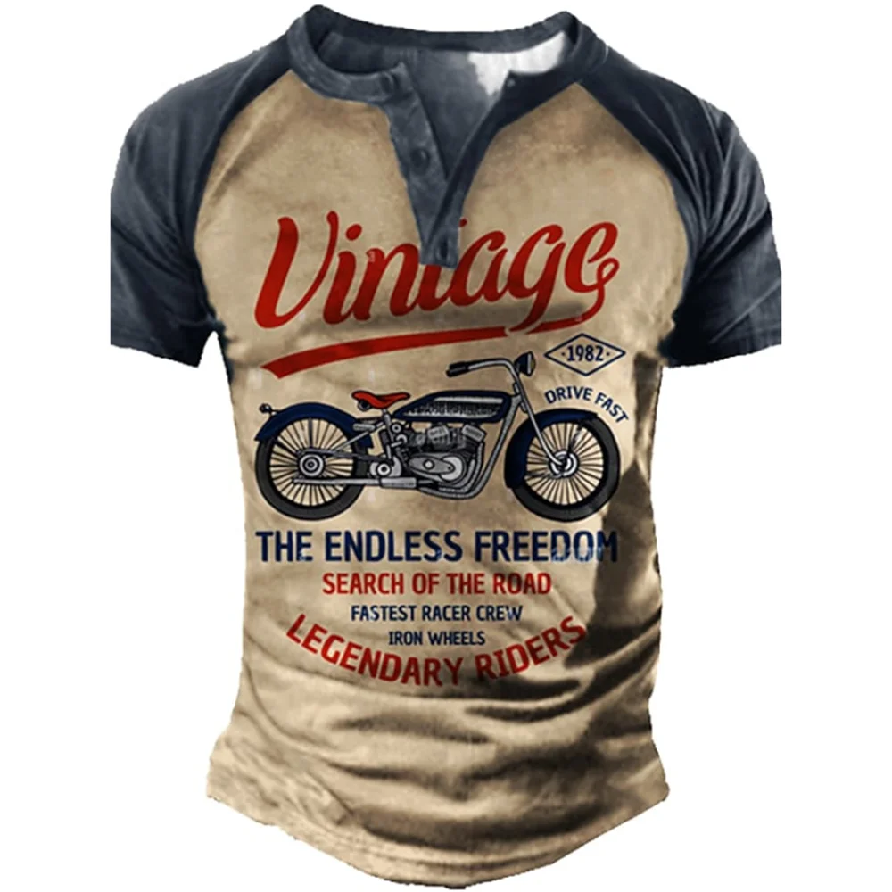 Vintage Henley Shirts Motorcycle 3D Printed Men\'s Fashion Streetwear Oversized Short Sleeve T-Shirts Men Tees Tops Clothing