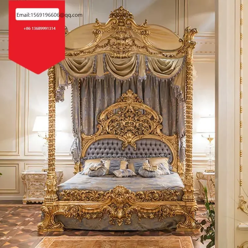 

Custom-made European villa bedroom furniture solid wood carved double master bedroom palace frame bed