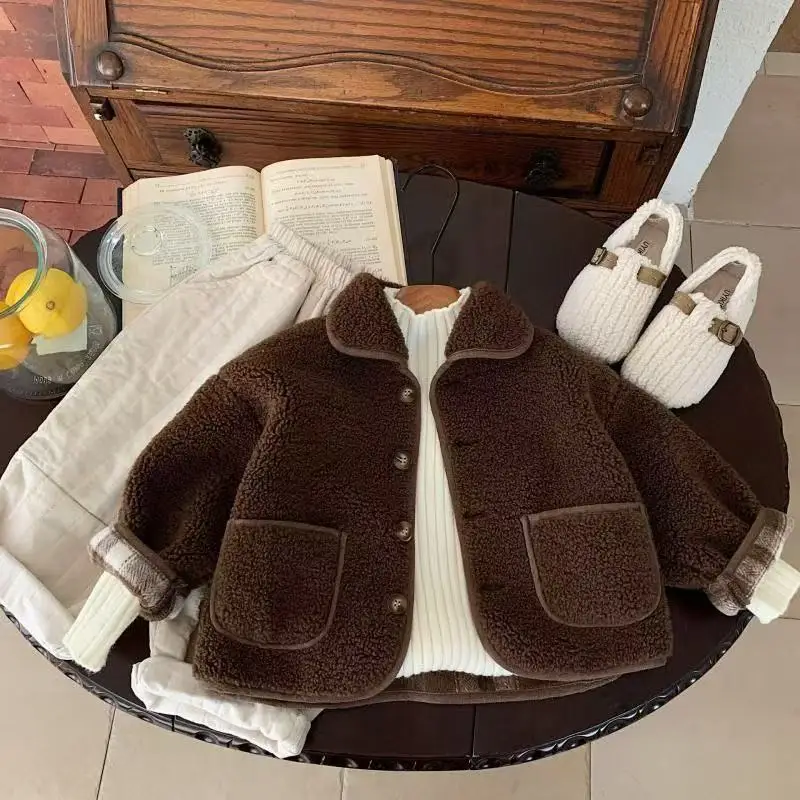 

12M-7 Years Children's Jacket Autumn And Winter 2025 New Style Boys and Girls Collar Warm Thick Lamb Fleece Coat 80-140CM