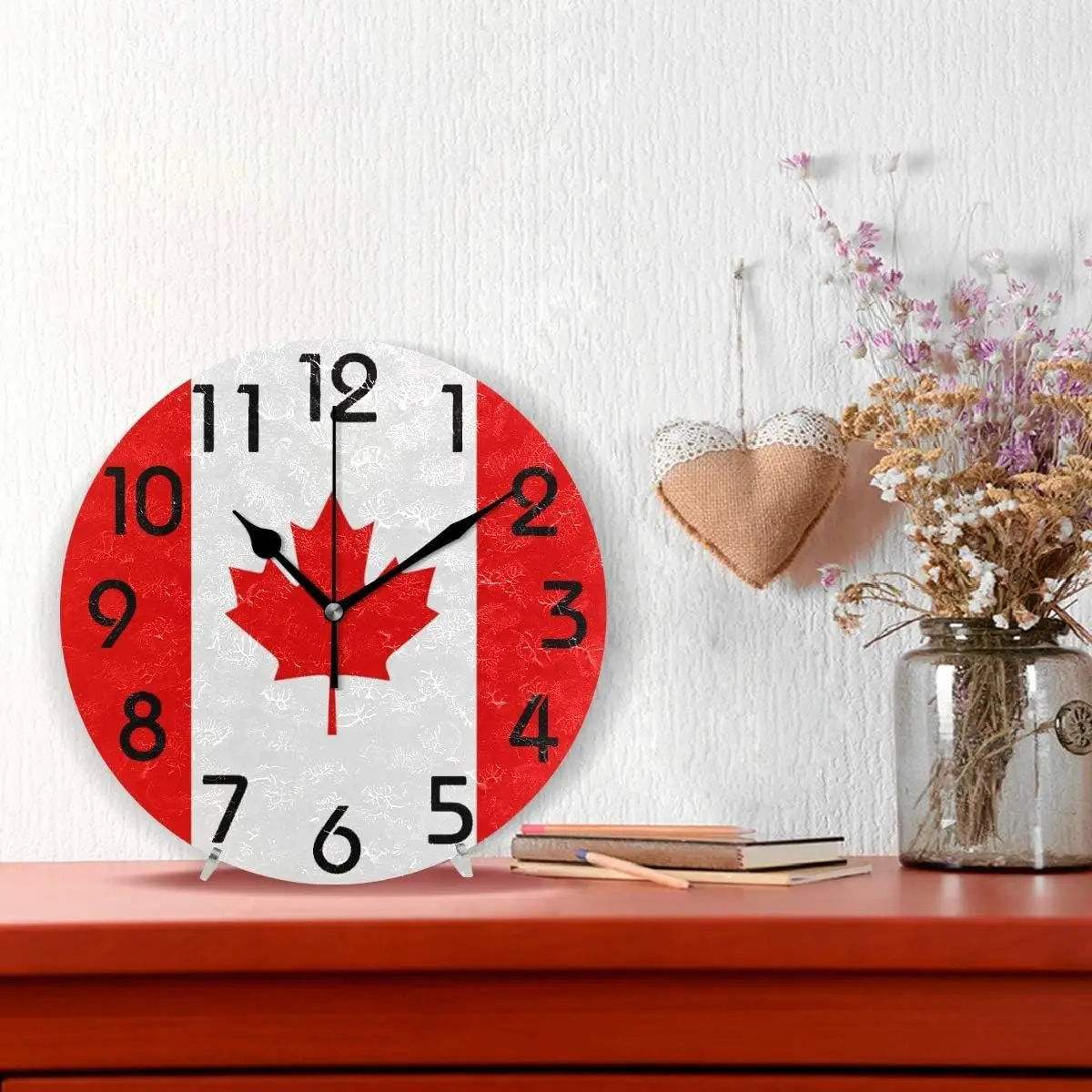 Chic Canada Flag Print Round Wall Clock Decor, 9.5 Inch Battery Operated Quartz Analog Quiet Desk Clock for Home,Office,S