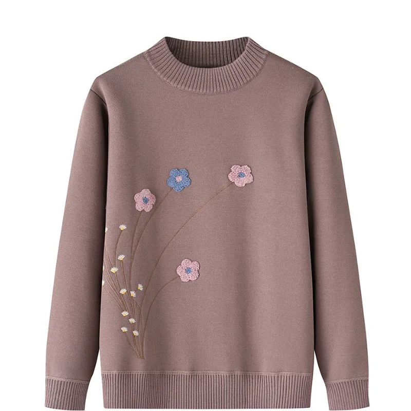 

Round Neck Plant Floral Embroidery Ladies Pullover Long-sleeved Sweater Casual Top