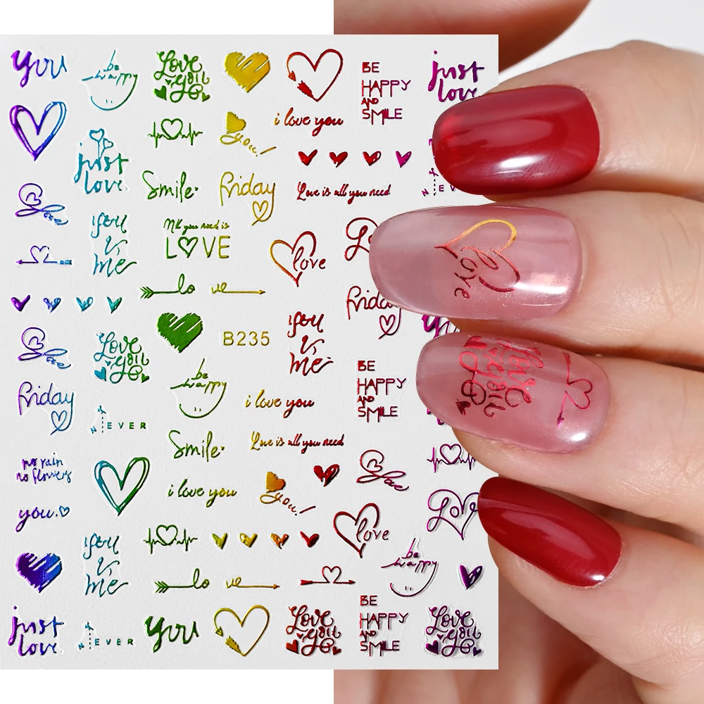 1Pcs Laser Gold/Silver Love/Letter 3D Nail Stickers Valentine's Day Holographic Black/White Heart Slider Adhesive Manicure Decal image 3