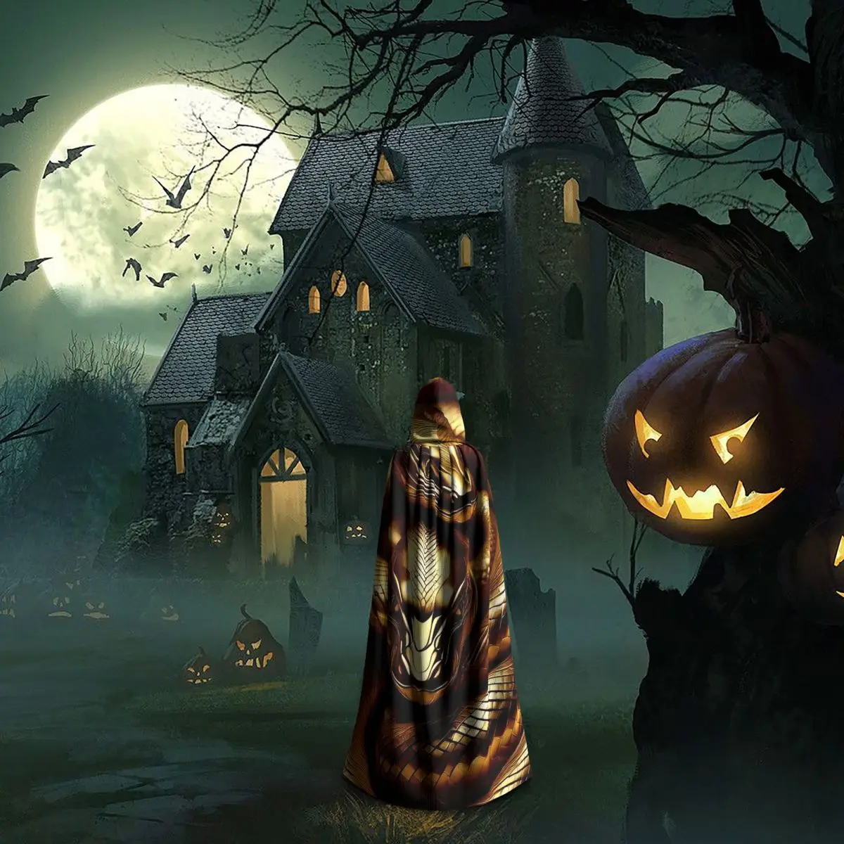 ゴールド怖い蛇ロングフード付きマント魔女中世コスチュームコスプレケープハロウィンパーティー大人ユニセックス