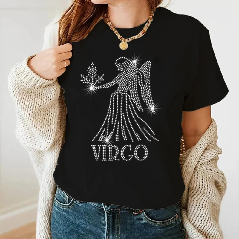 New Luxury Rhinestone Angel Graphic Unisex T-Shirt Oversized Casual Tees Women Short Sleeve Stitch Tops Home Ladies Clothing Y2k