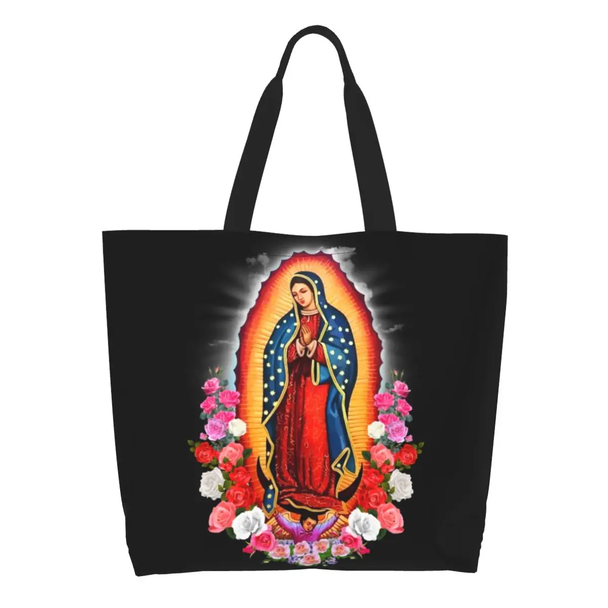 

Reusable Virgin Mary Of Guadalupe Shopping Bag Canvas Shoulder Tote Bag Portable Mexico Catholic Saint Groceries Shopper Bags