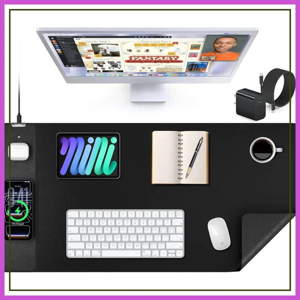 

TopMade XXL Leather Mouse Pad with 15W Wireless Charging, Waterproof Desk Pad, Includes 20W PD Adapter & Cable
