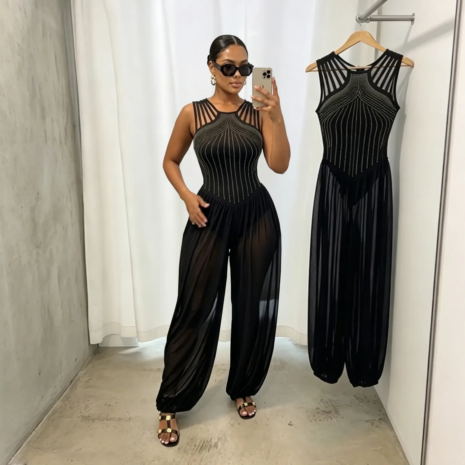 C78692026 New Women's Erotogenic Halter-neck, Lady Cloth-embellished, Sheer Mesh. Slim-fit Sleeveless Jumpsuit Sexy Y2k、 Robe