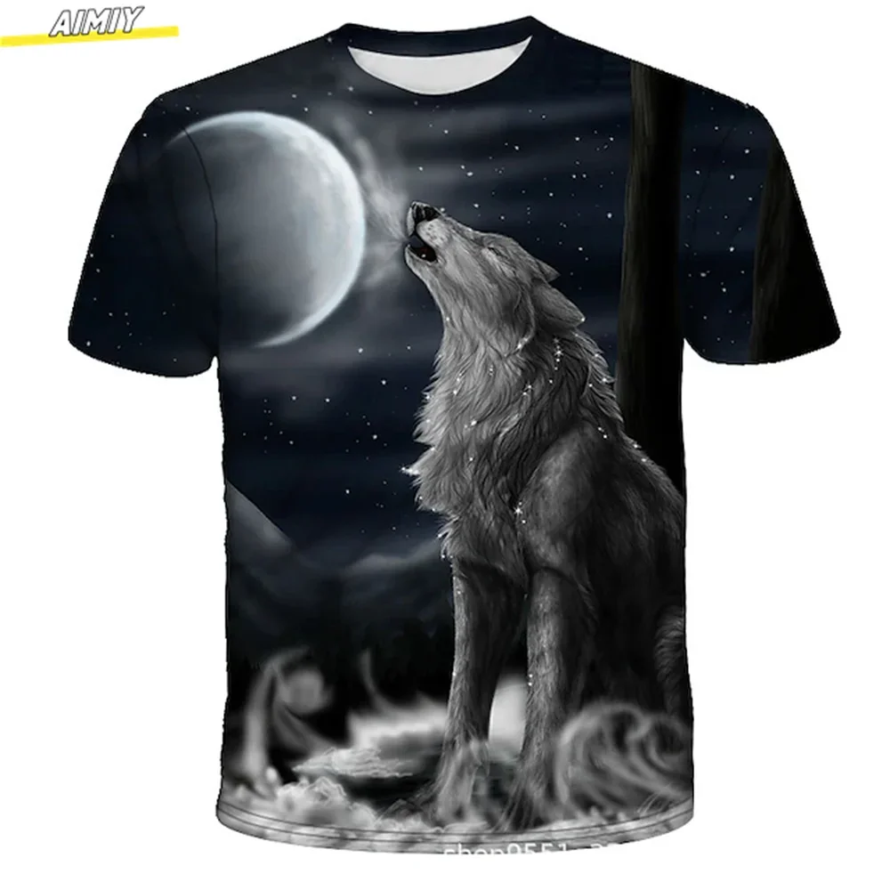 Fashion Street Style Men's 3D Wolf Print T Shirt Mountain Wolves Howling Night Graphic Short Sleeve Animal Tee Men Streetwear