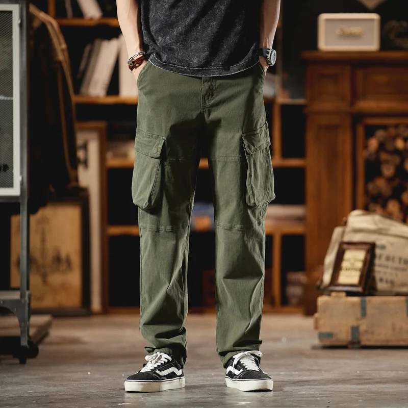 Men\'s Streetwear Loose Casual Vintage Pure Cotton Big Pocket Straight Cargo Pants Cityboy Trousers