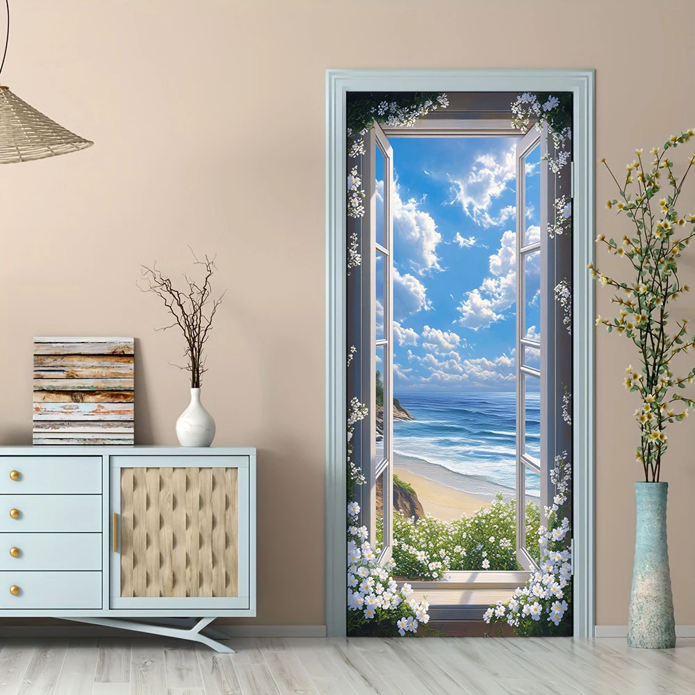 1 Stück selbstklebende abnehmbare Vinyl-Türaufkleber, Meerblick, Fensteraufkleber, Wohnzimmer, Schlafzimmer, Eingang, Dekoration, Aufkleber, Blau