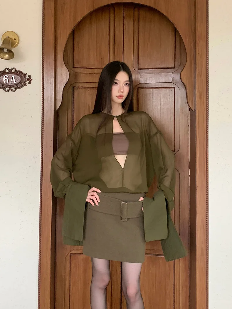 

Комплект Mipaiyi: зеленая женская рубашка с высокой талией и прозрачной короткой юбкой-халтер, осенний комплект из двух предметов, модный стиль Ханьфу