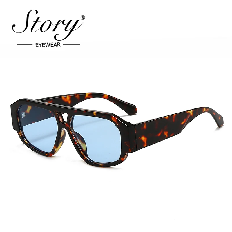 STORY Retro Tortoiseshell Flat Top Square Sunglasses for Women Men Oversized Pilot Sun Glasses Fashion Blue Orange Shades S3986N