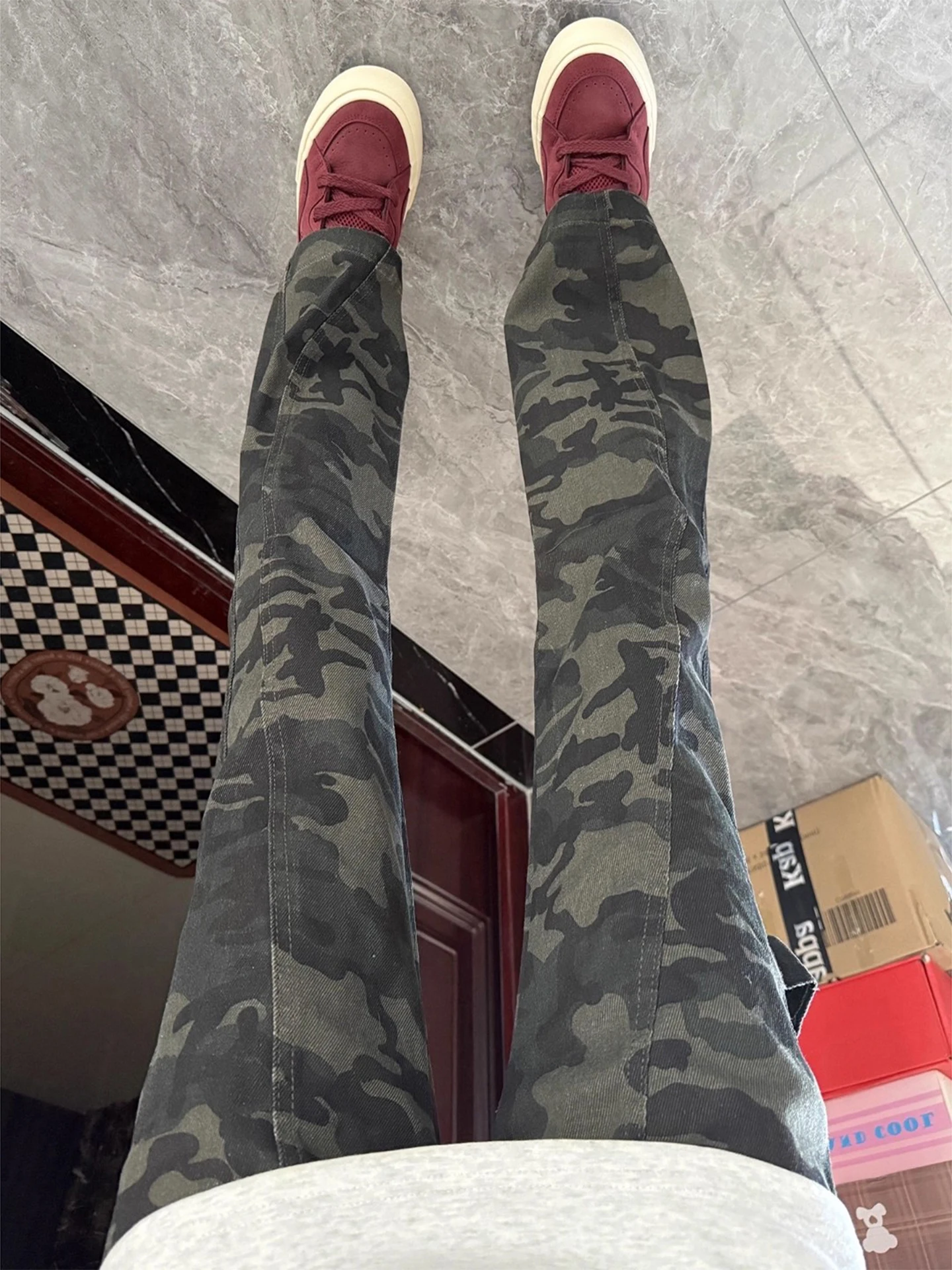 

American Retro Camouflage Jeans Men's High Street Workwear Straight Leg Micro Flared Cleanfit Knee-Length Casual Trousers