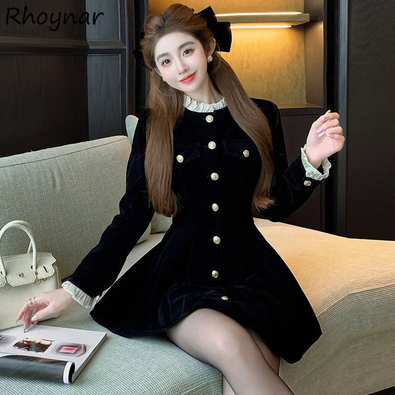 Long Sleeve Mini Dress Women Seductive Famous Lady Velvet Patchwork Button-up A-line Streetwear Elegant Temper Ulzzang Trendy