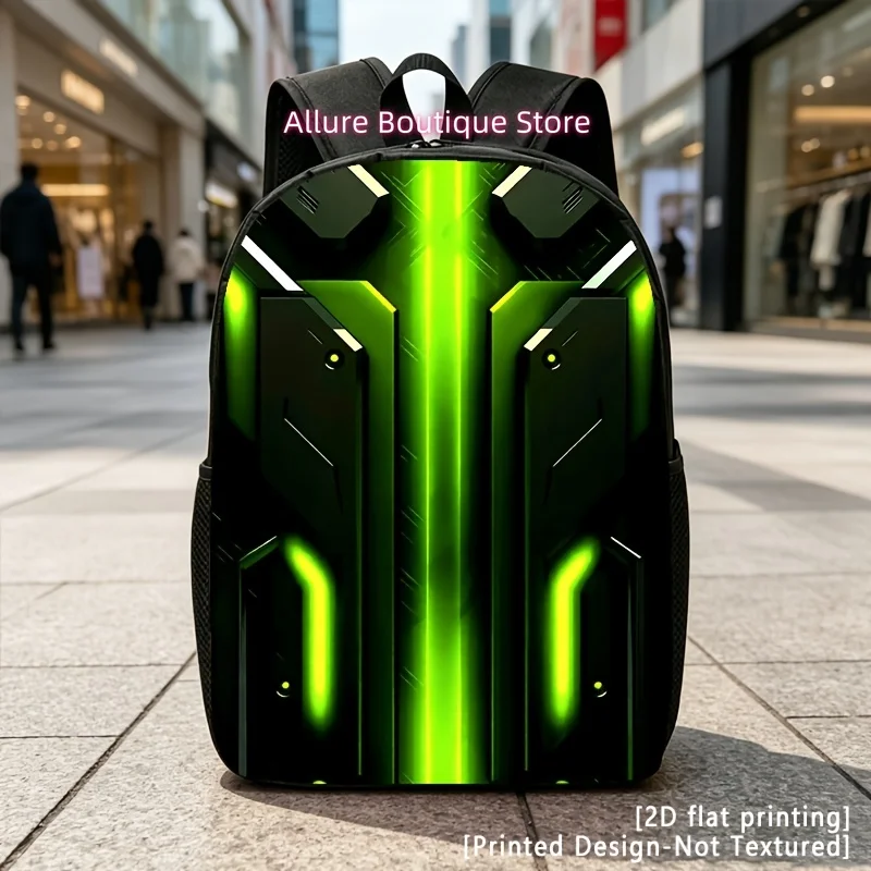 Printed Design – Not Textured 2D Flat Printing, Neon Green Sci-Fi Tech, Casual Backpack, Travel Laptop Backpack, 2D Flat Printin
